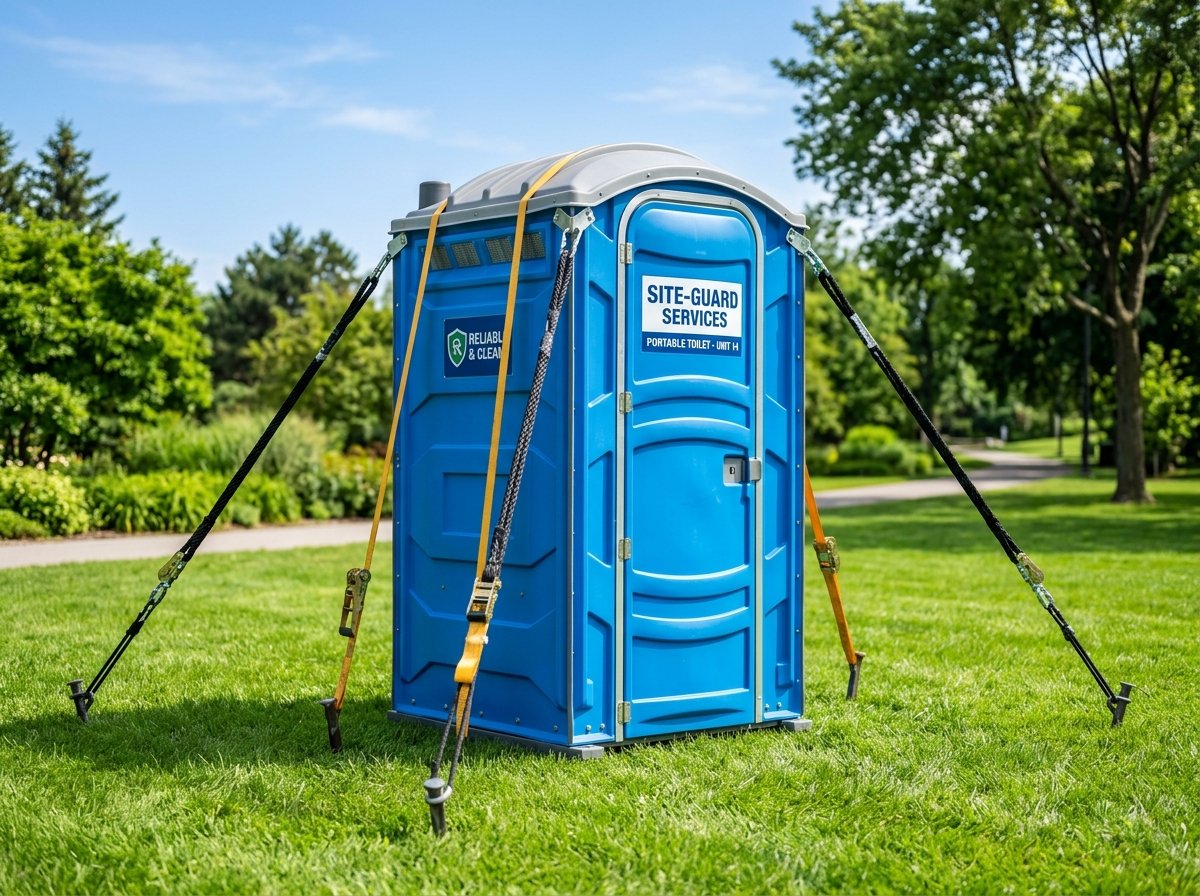 Baño químico portátil BEMEA en terreno con anclaje para vientos